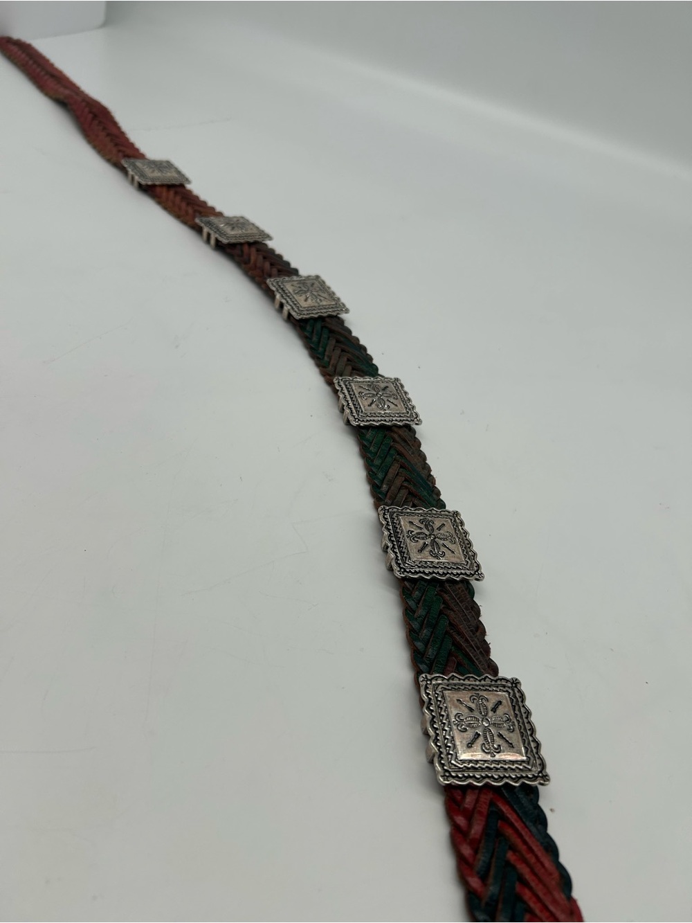 Vintage Braided Brown Red and Green Leather Belt with Silver Accent Squares - Picture 5 of 9